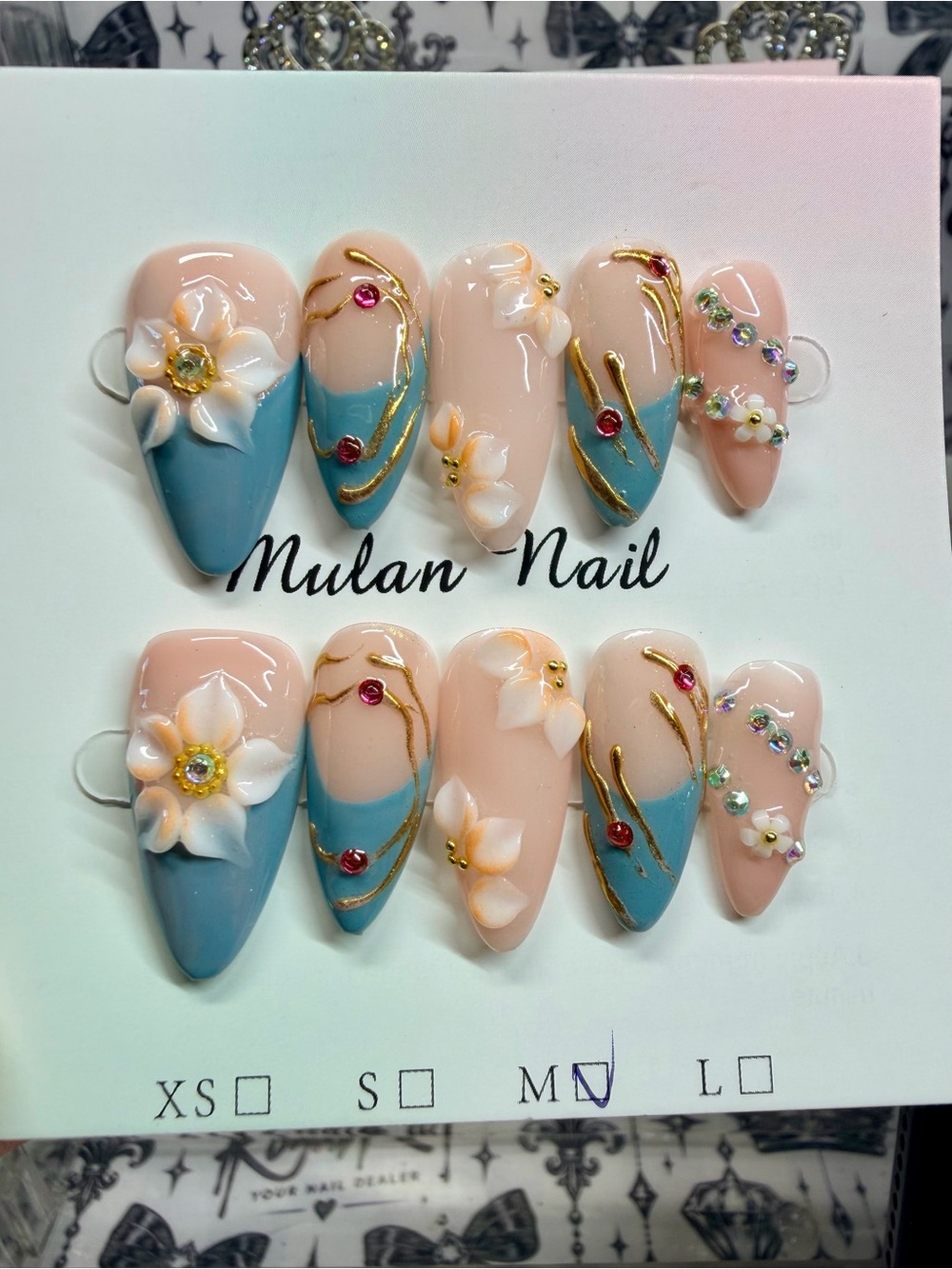 Blue & Peach Floral Press-On Nail Set